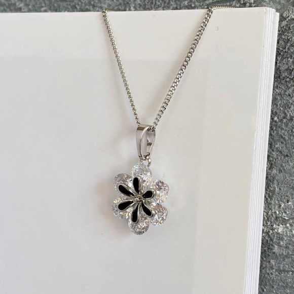 Flower Necklace | Platinum Plated Elegant Black Enamel Luxury Jewelry - Picture 2 of 8